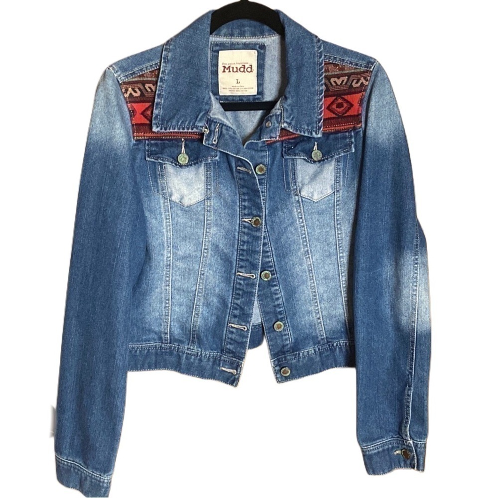 MUDD jean denim jacket tribal pattern back buckles distressed light wash Size L